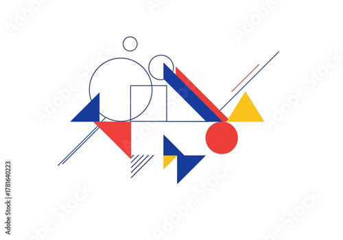 Dynamic abstract composition with colorful geometric shapes and lines.