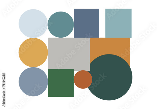 Abstract geometric composition with colorful circles and squares.