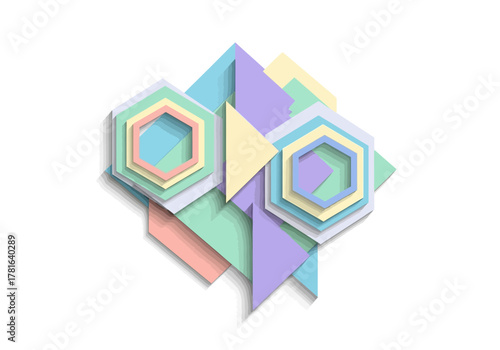 Geometric Pastel Composition: Hexagons and Triangles in Soft Hues.