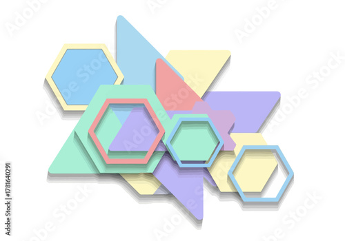 Pastel Geometric Shapes: Abstract Design with Hexagons and Triangles.
