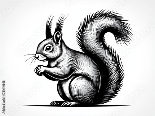 Detailed black and white illustration of a squirrel holding food