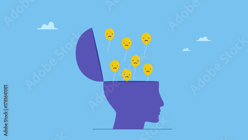 Open head to let balloons with sad and unhappy face fly away. Relaxation to let anxiety and negative thought fly away, mentally relieve or mindfulness to cure depression.
