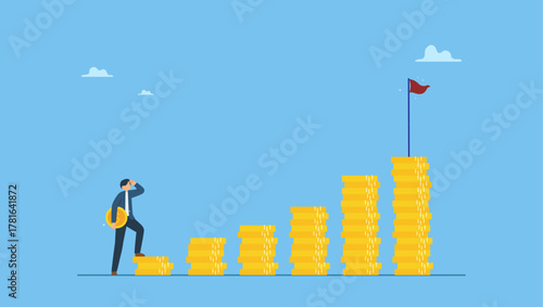 Young adult office man carrying money coin start step on compound money stack. Start invest in stock market, begin savings to achieve financial goal, power of compound interest, collecting wealth.