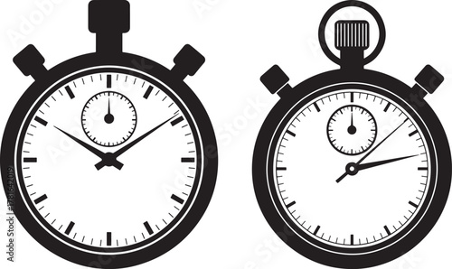 Two vintage stopwatch silhouettes isolated on white background silhouette