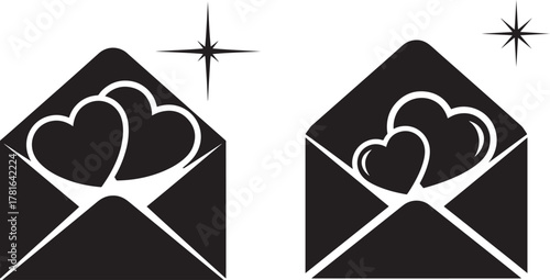 Two open envelopes with hearts and sparkles silhouette