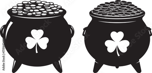 Two pots of gold with shamrocks silhouette