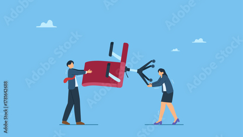Business people competitor fight and pulling office management chair. Business competition, fight or compete for vacancy, job promotion or career development.