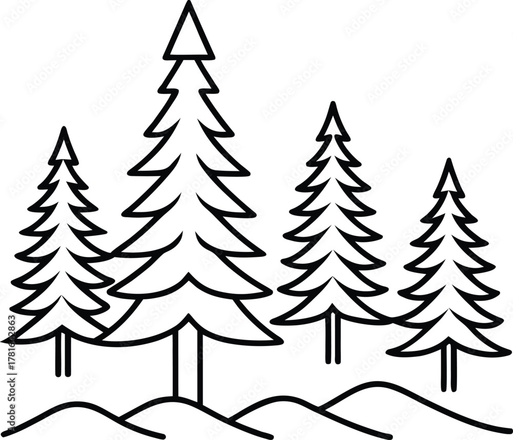 Obraz premium Minimalist line art of a winter forest with pine trees snow drifts