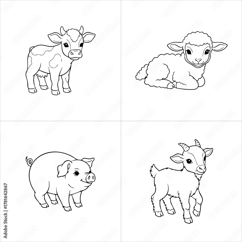 Obraz premium Collection of four cute farm animal line drawings, including a calf, lamb, piglet, and kid goat