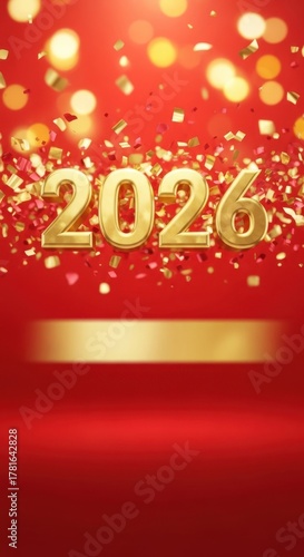 Golden 2026 numbers on a red background with bokeh lights
