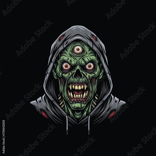 Vector Illustration of a Scary Zombie Head with Three Eyes Wearing a Hoodie