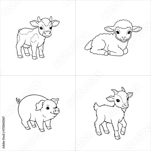 Collection of four cute farm animal line drawings, including a calf, lamb, piglet, and kid goat