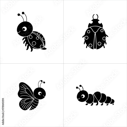 Set of four stylized black and white insect icons ladybug, butterfly, caterpillar, and another ladybug