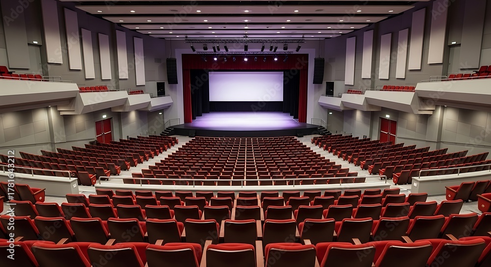 Naklejka premium Grand Theater Interior with Rows of Red Seats and Stage.