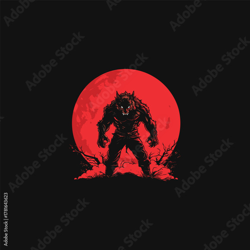 Striking and intense vector illustration of a snarling werewolf standing aggressively against a huge, menacing red full moon