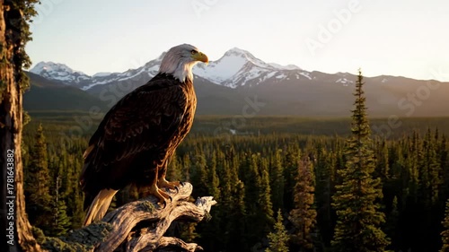 Dynamic aerial perspective following an eagle as it glides over a pristine, winding river or a dense, ancient forest, highlighting its hunting territory.