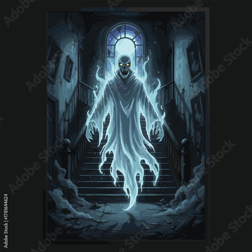 A Spooky Vector Illustration of a Ghost Floating in a Haunted House Hallway