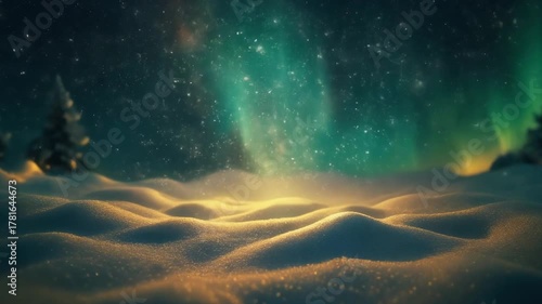 Glowing Snow Illuminated With Golden And Emerald Hues Under Cinematic Night Sky