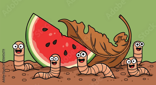 Cute Worms Celebrating Under Watermelon Slice with Leaf Umbrella Cartoon