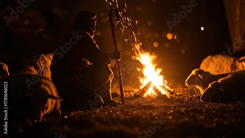 Shepherd man kneeling with his staff near a flickering campfire as sheep rest, a traditional christmas nativity scene.
