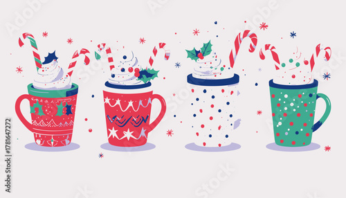 Four festive Christmas mugs with hot drinks, whipped cream, candy canes, and colorful sprinkles.