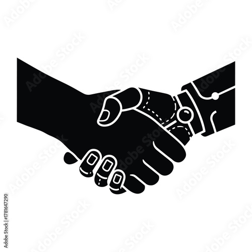 Human and robot shaking hands symbolizing ai collaboration and technology partnership