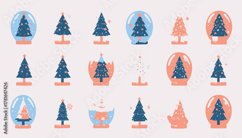 A collection of minimalist Christmas tree illustrations, some enclosed in snow globes with blue and pink bases, featuring a festive and simple design.