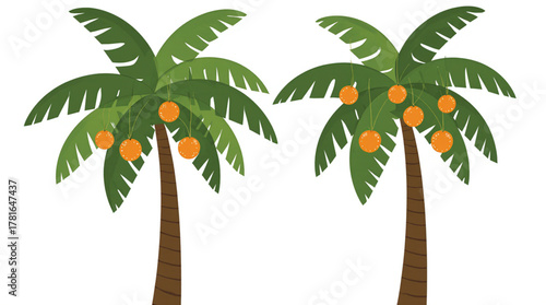 Two cartoon palm trees with oranges against a white background