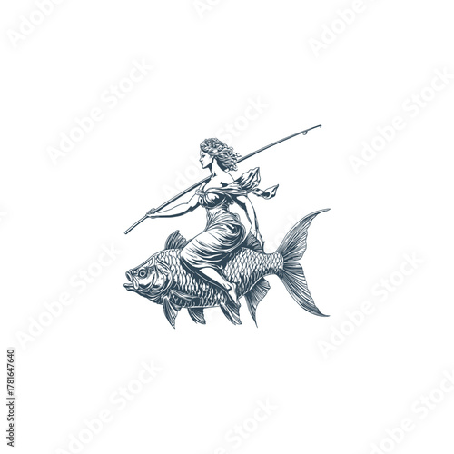 Vintage engraving style vector illustration of a classical woman or goddess riding a giant fish, holding a fishing rod