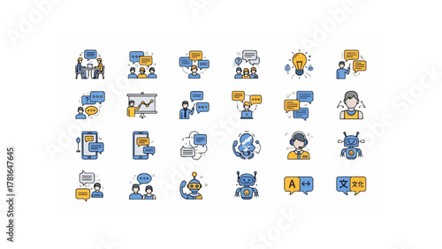 Illustration of various communication and technology icons including chatbots and translation tools