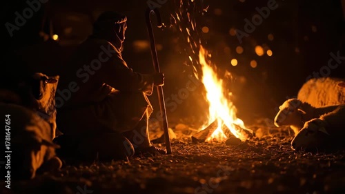 Christian man as shepherd watching his sheep at night by campfire with glowing embers, nativity scene concept.