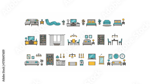 Illustration of various home furniture elements including sofas beds tables and storage units in different styles