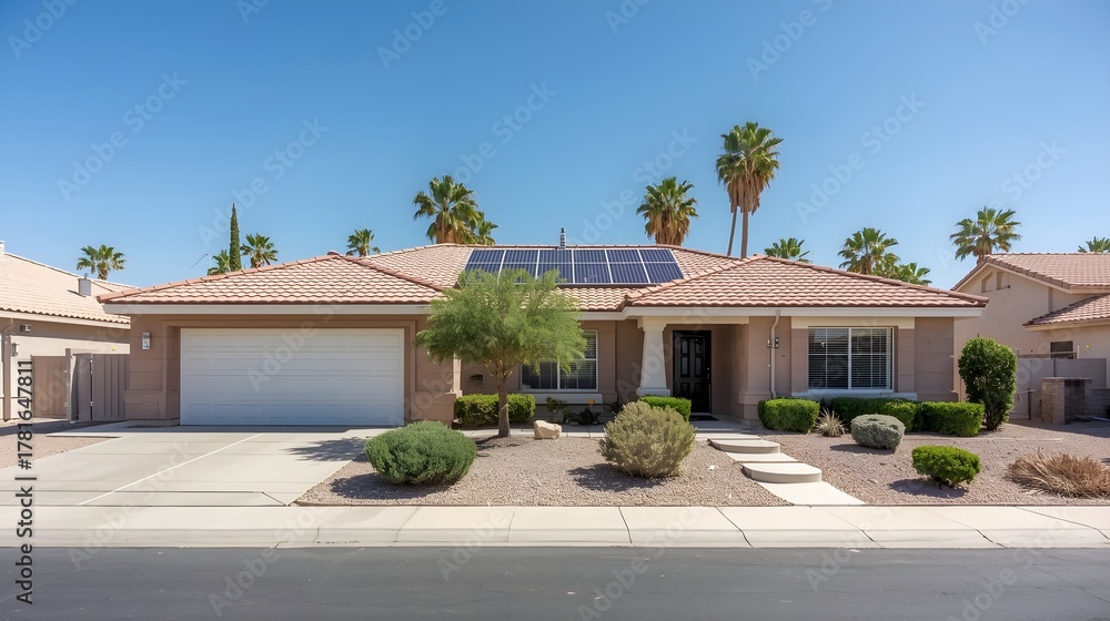 Fototapeta premium Modern desert home with solar panels and lush landscaping under a clear blue sky