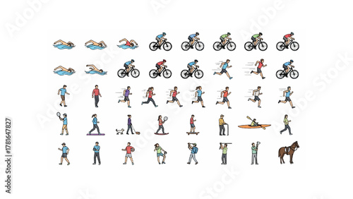 Collection of athletes engaged in various sports activities including swimming cycling and running shown here