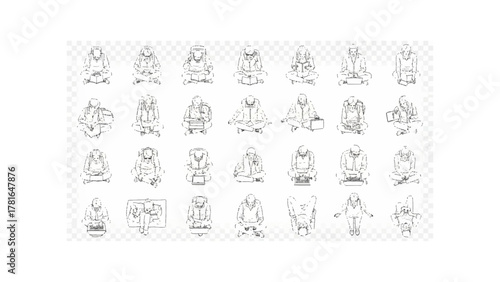 Collection of sketches depicting people sitting in various poses with objects in their laps or hands