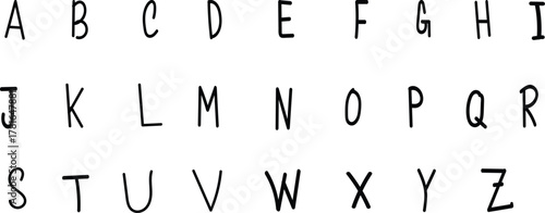 Handwritten english alphabet letters a through z arranged in rows on a white background.