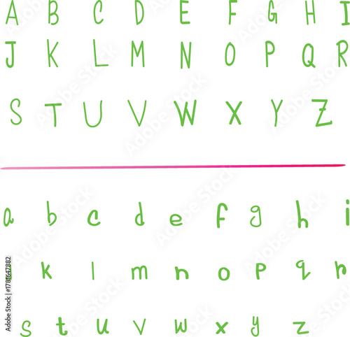 Alphabet letters in uppercase and lowercase displayed in rows with a red line dividing them