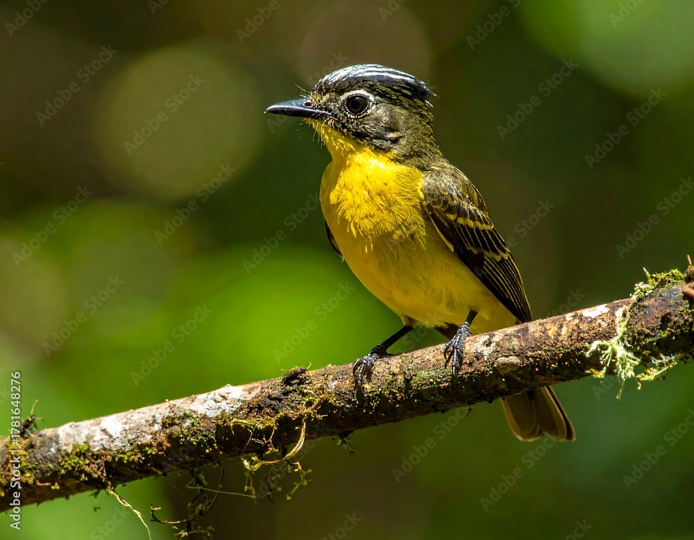 Fototapeta premium Bright yellow bird perches on a mossy branch in a blurred green foliage background