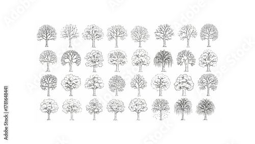Illustration of a variety of different types of trees with varying shapes and sizes in a grid pattern