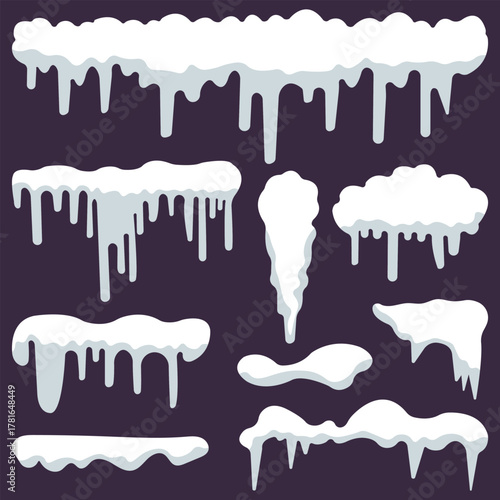 Snowy piles, snow caps, snowballs, and snowdrifts Vector collection. Snow elements on a winter background. Snow ice vector winter frame effect frozen illustration. eps 10