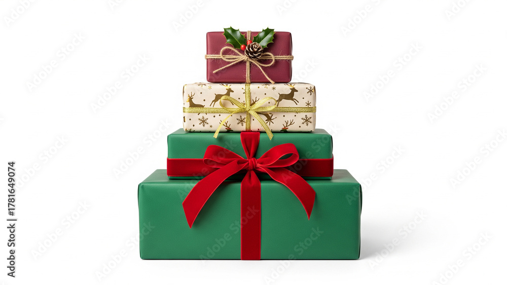 Fototapeta premium A festive pyramid stack of four beautifully wrapped Christmas presents isolated on a clean white background.