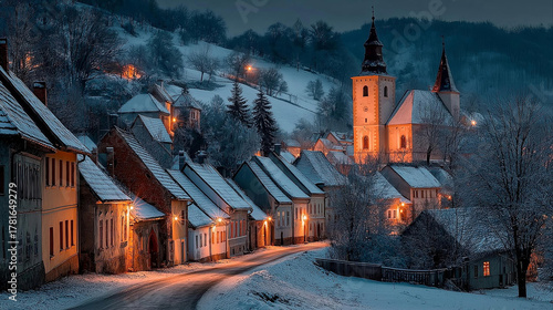 Cozy European village street covered in snow and warm lights at night.