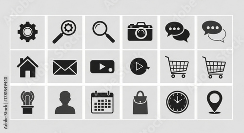Collection of black vector icons on a, including a gear, magnifying glass, camera, speech bubble, house, envelope, play button, shopping cart, and calendar