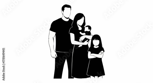 Family portrait silhouette depicting parents and children in a loving embrace.