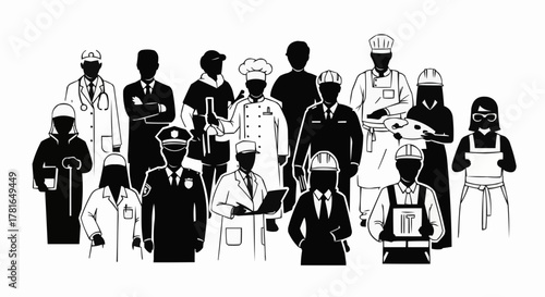 Diverse Group of Professionals Representing Various Occupations in Black and White.