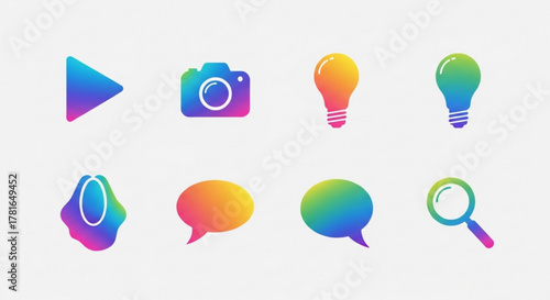 Collection of colorful vector icons on a, including a play button, camera, lightbulb, speech bubble, and magnifying glass