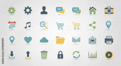 Collection of vibrant flat design icons representing various functions and applications, including settings, communication, media, and navigation