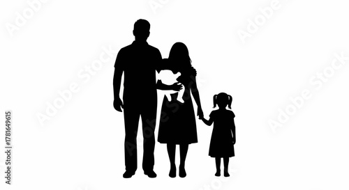 Family silhouette standing together, representing love, unity, and togetherness in a simple, elegant design.