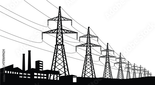 Power plant silhouette, electric transmission towers, black and white energy infrastructure, industrial facility art, electricity grid illustration, voltage line graphics, utility network design