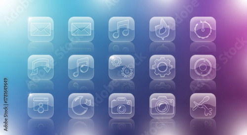 Collection of translucent glass icons for web and mobile applications, representing various functions and features with a modern and sleek design
